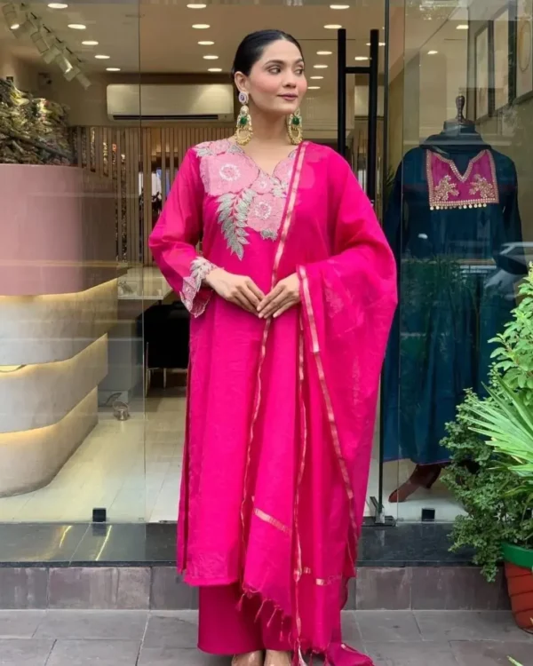 Pink Cotton Kurti Pant With Dupatta Set