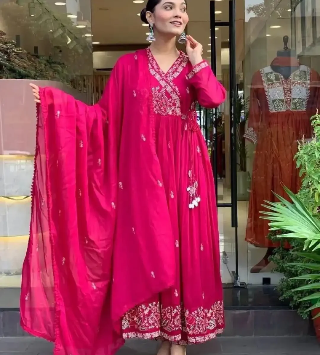 Pink Cotton Printed Kurti Pant Dupatta Set