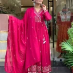 Pink Cotton Printed Kurti Pant Dupatta Set