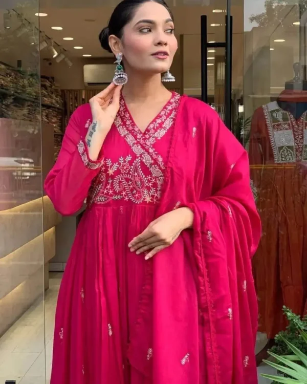 Pink Cotton Printed Kurti Pant Dupatta Set