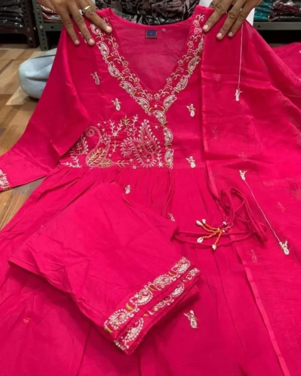 Pink Cotton Printed Kurti Pant Dupatta Set