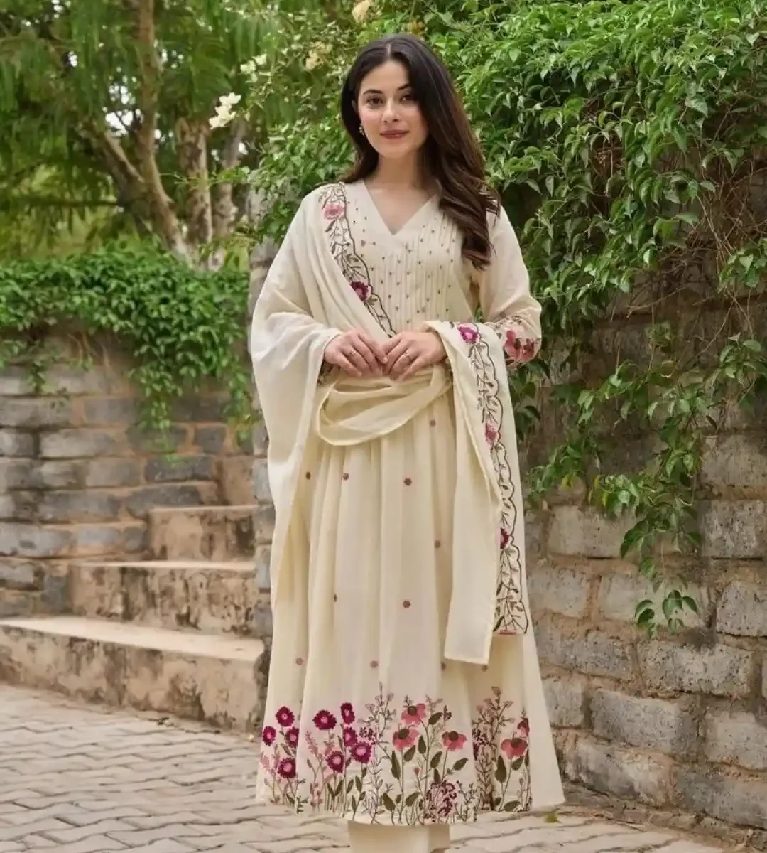 Pink Floral White Kurti Set