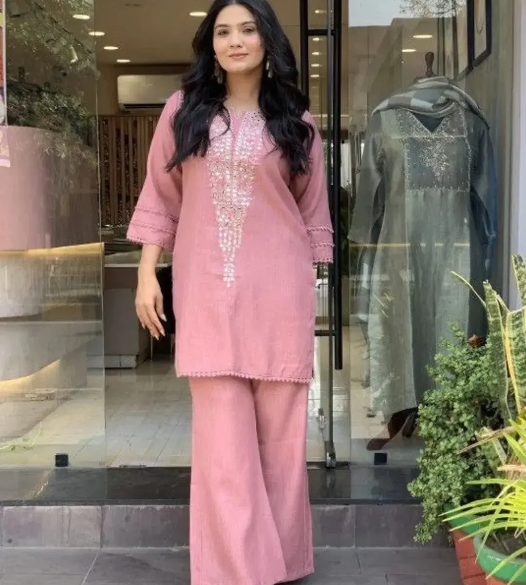 Pink Printed Office Wear Kurti Pant Set