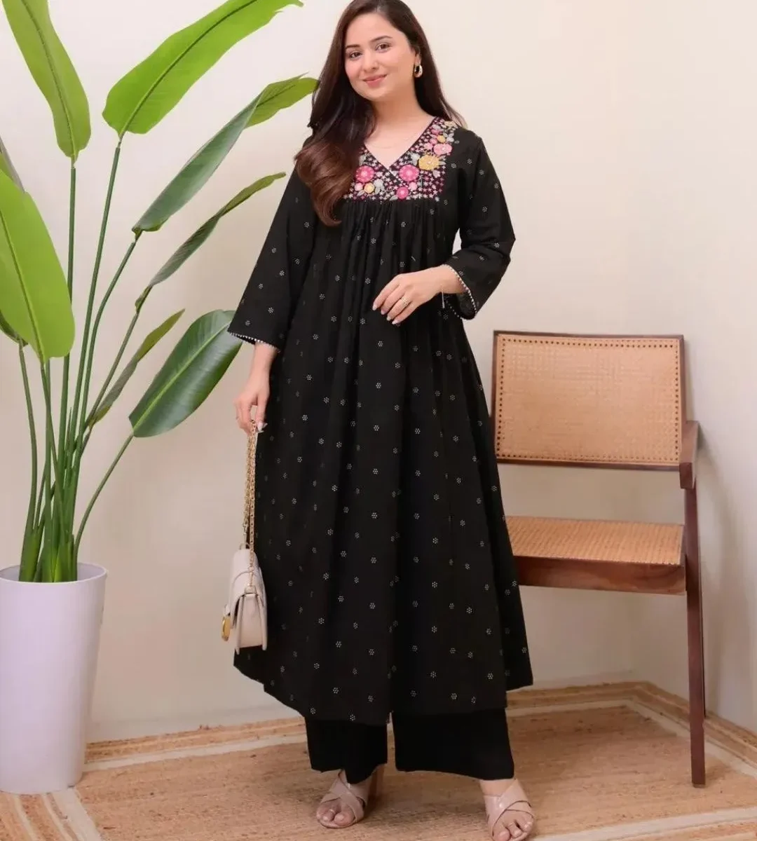 Printed A-Line Black Kurti Pant Set