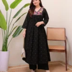 Printed A-Line Black Kurti Pant Set