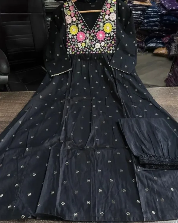 Printed A-Line Black Kurti Pant Set
