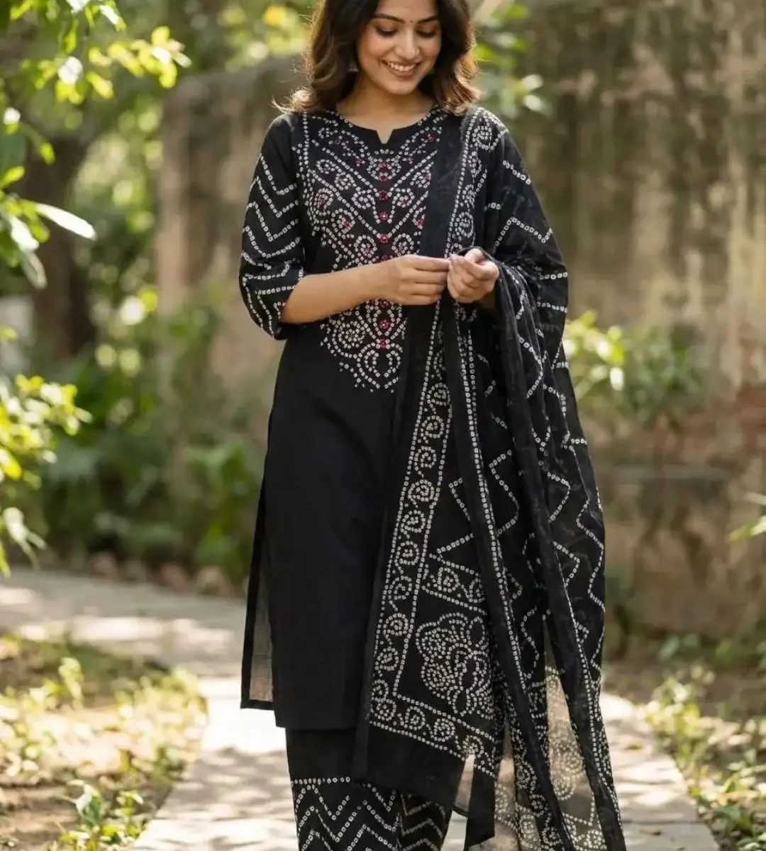 Printed Black Cotton Kurti Pant Dupatta Set​