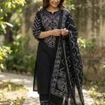 Printed Black Cotton Kurti Pant Dupatta Set​