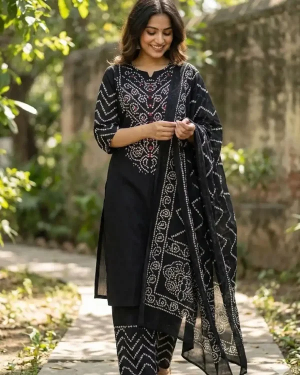 Printed Black Cotton Kurti Pant Dupatta Set​