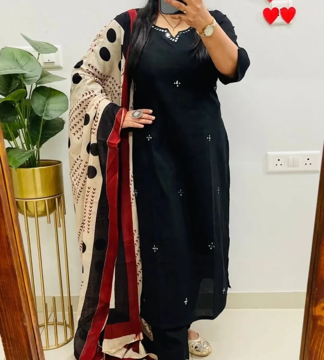 Printed Black Cotton Suit Set
