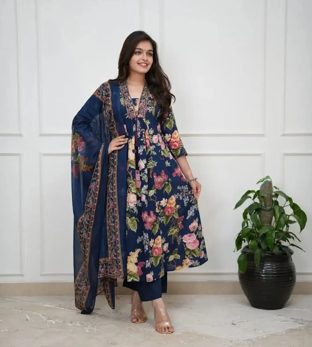Printed Floral Blue Cotton Suit Set