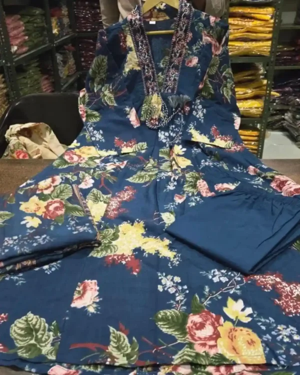 Printed Floral Blue Cotton Suit Set