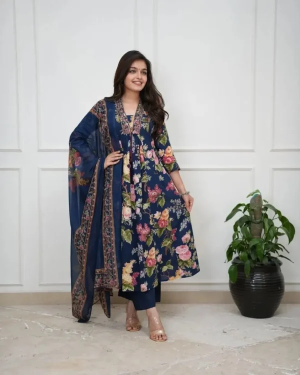 Printed Floral Blue Cotton Suit Set