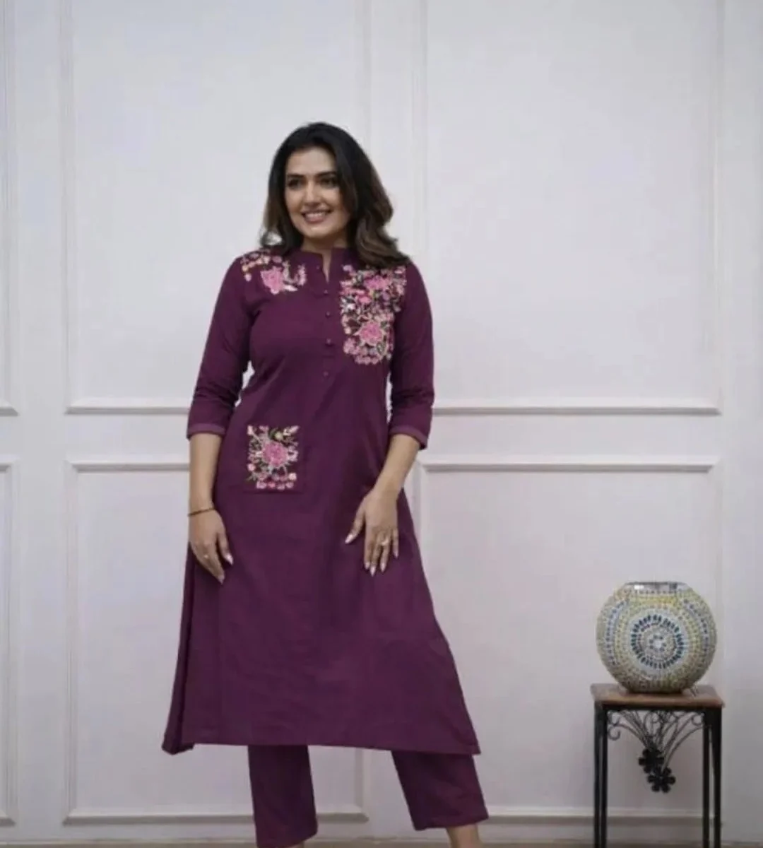 Printed Purple Cotton Kurti With Pant Set