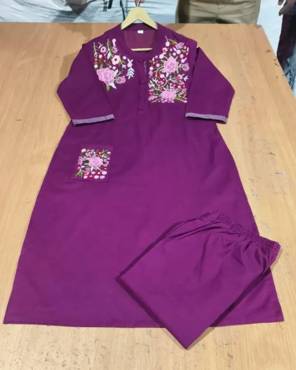 Printed Purple Cotton Kurti With Pant Set