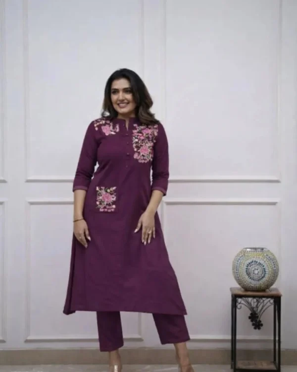Printed Purple Cotton Kurti With Pant Set