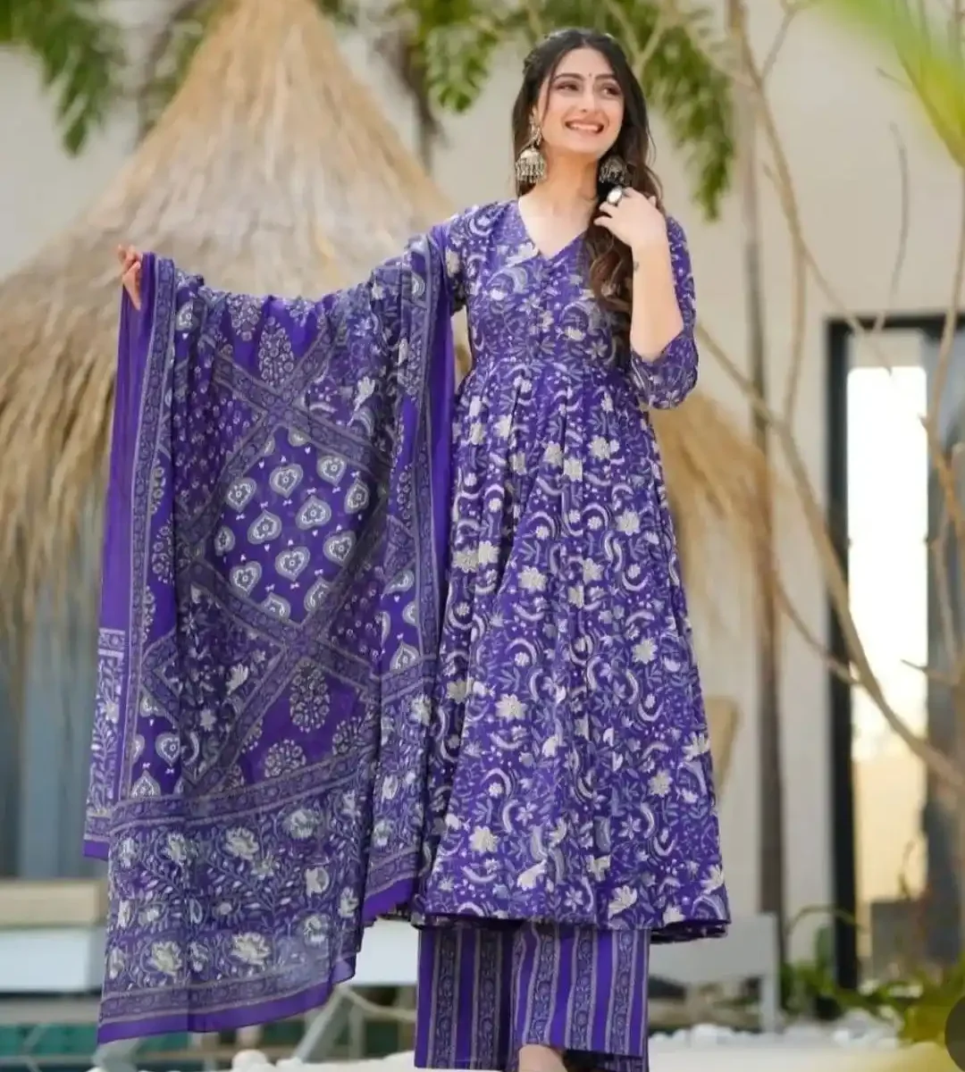 Purple Anarkali Angrakha Style Cotton Suit Set