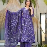 Purple Anarkali Angrakha Style Cotton Suit Set