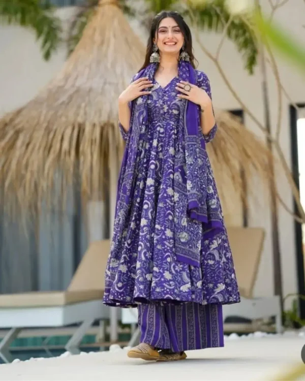 Purple Anarkali Angrakha Style Cotton Suit Set