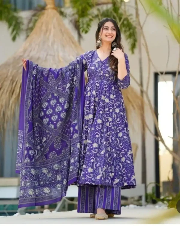 Purple Anarkali Angrakha Style Cotton Suit Set