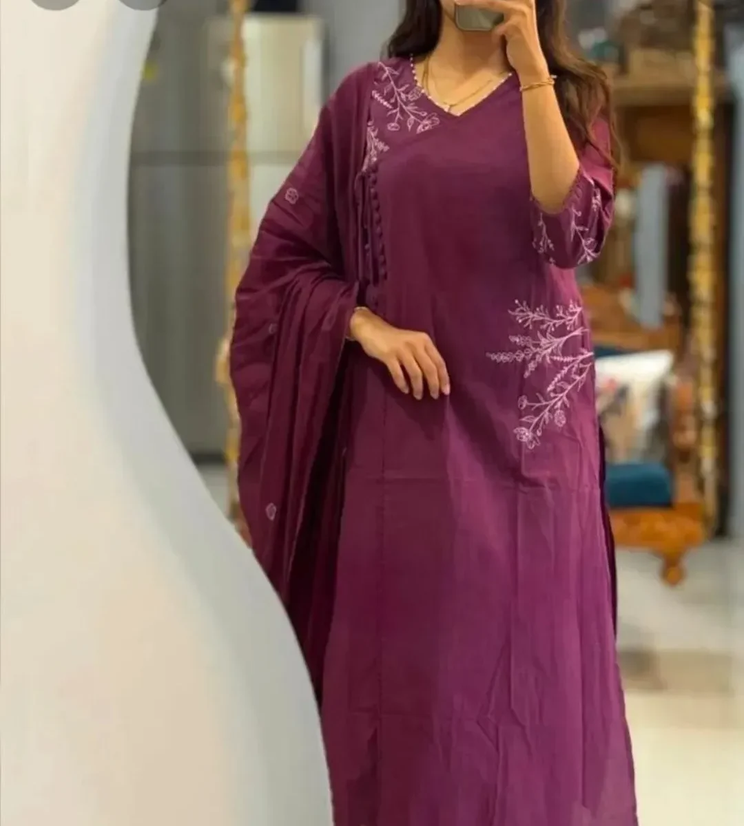 Purple Cotton Kurti Pant Dupatta Set​
