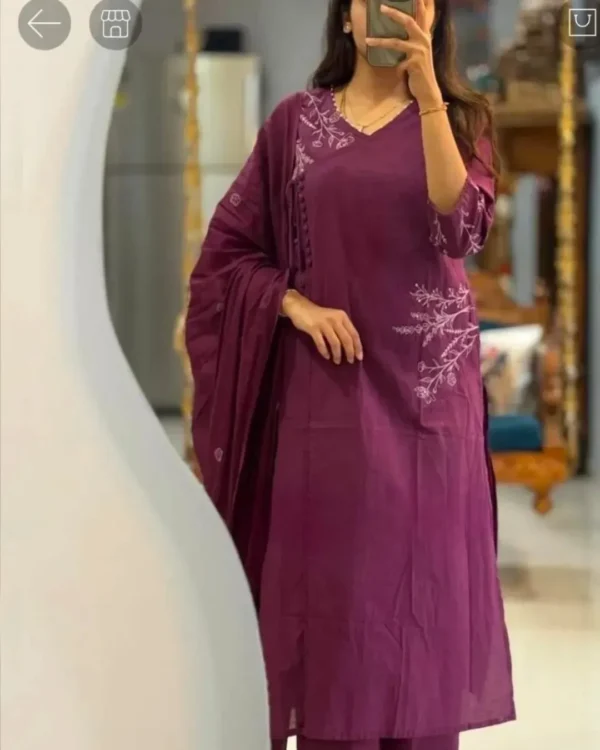 Purple Cotton Kurti Pant Dupatta Set​