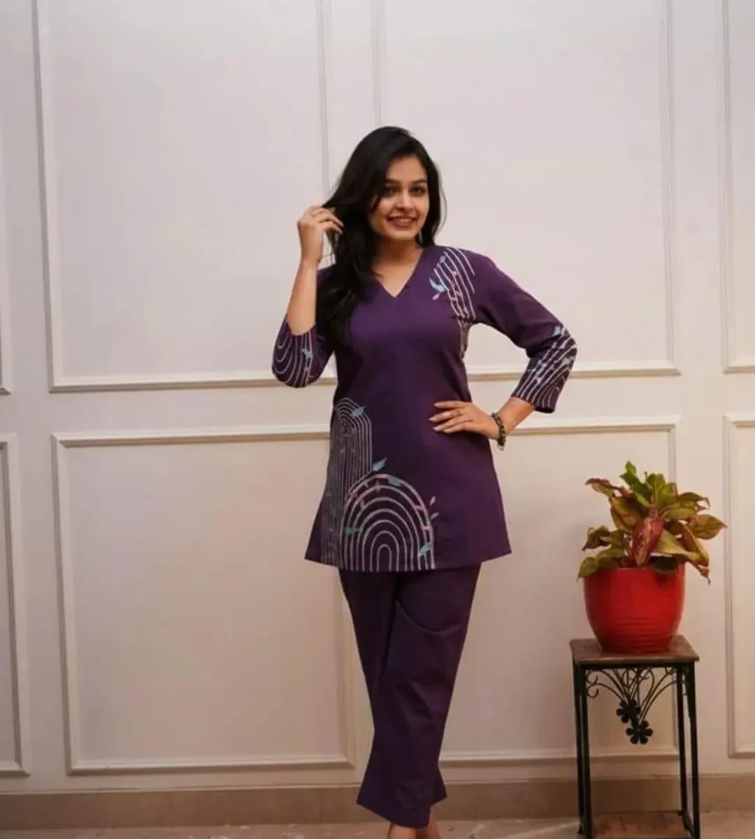 Purple Cotton Office Wear Kurti Pant Set