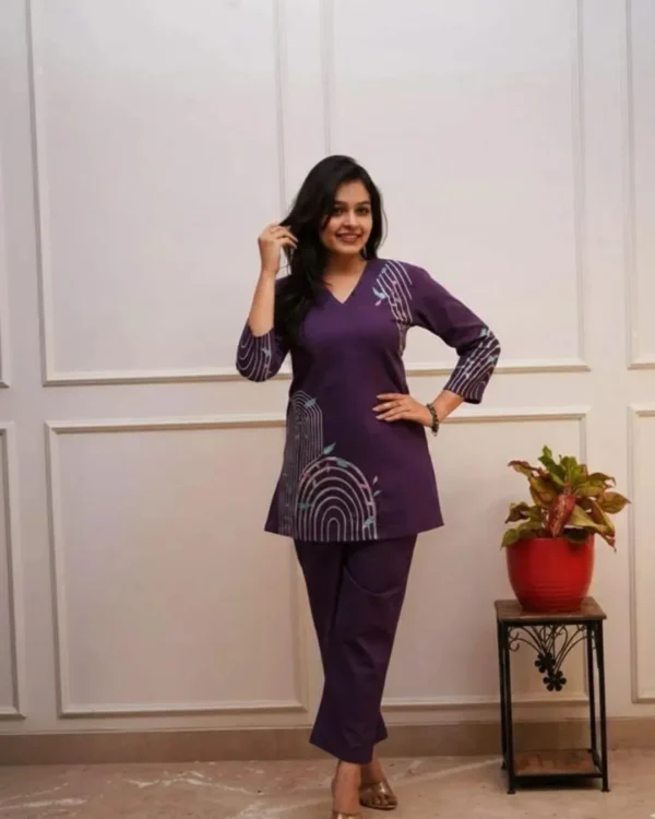 Purple Cotton Office Wear Kurti Pant Set