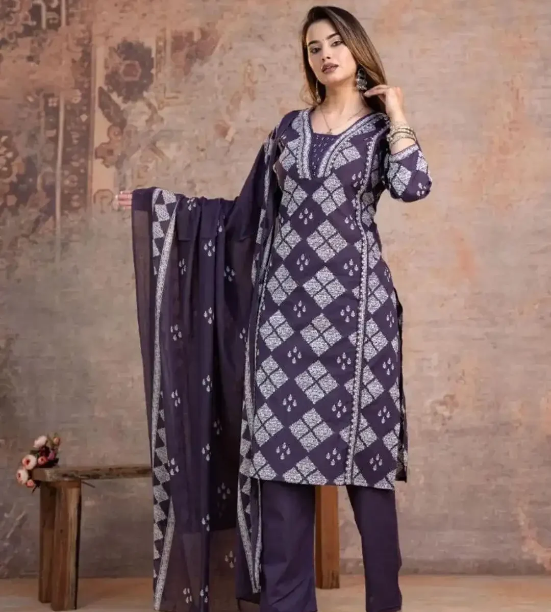 Purple Cotton Party Wear Suit Set