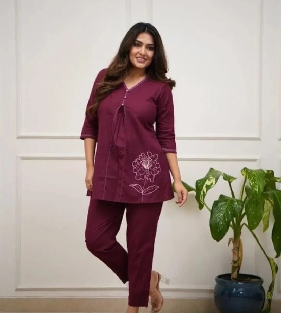 Purple Printed Kurti With Pant Set