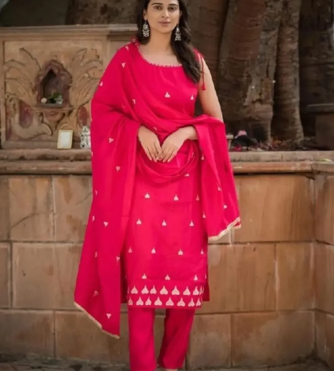 Rani Pink Colour Kurti Pant & Dupatta