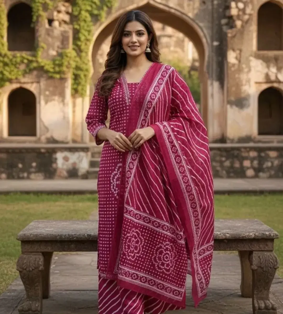 Rani Pink Floral Cotton Kurti Set