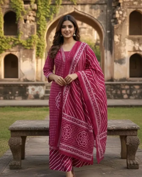 Rani Pink Floral Cotton Kurti Set