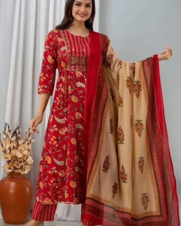 Red Anarkali Kurti With Pant Dupatta Set