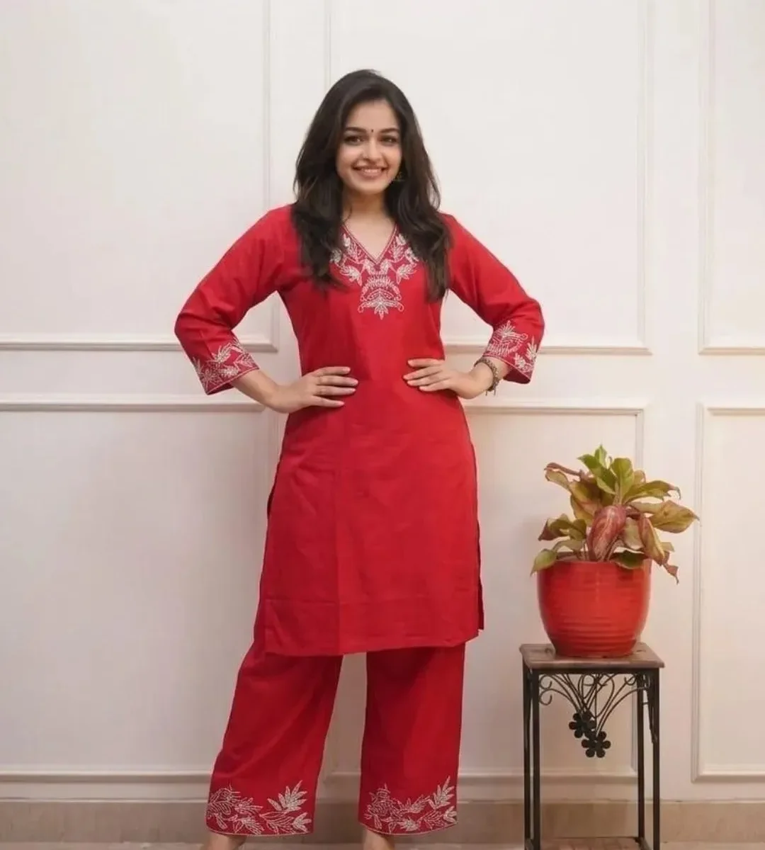 Red Cotton Kurti Pant Set