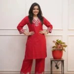 Red Cotton Kurti Pant Set