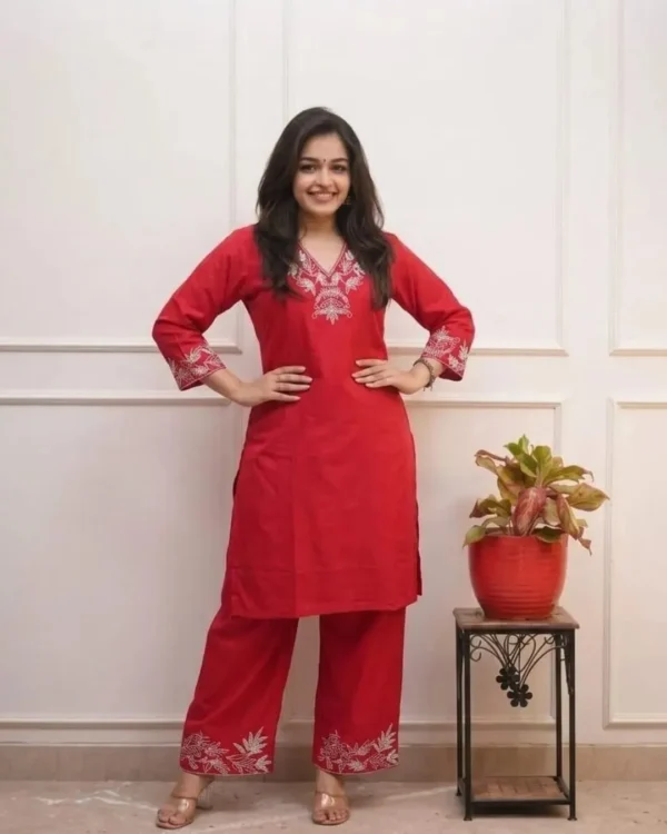Red Cotton Kurti Pant Set