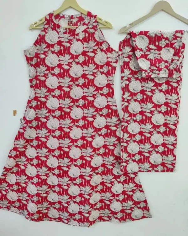 Red Cotton Sleeveless Co-Ord Set