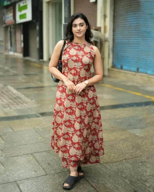 Red Cotton Sleeveless Co-Ord Set