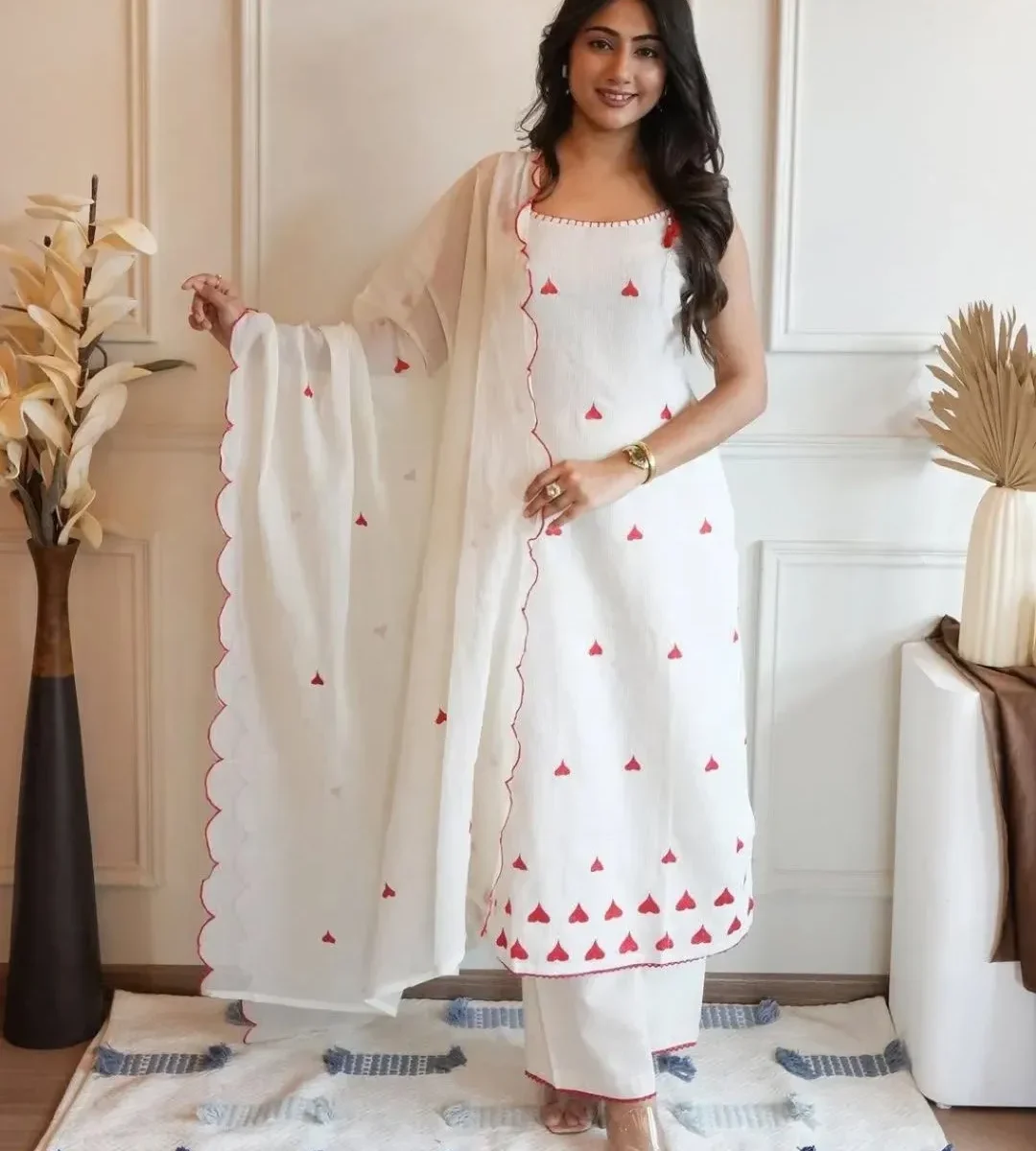 Red Floral With White Kurti Pant Dupatta Set