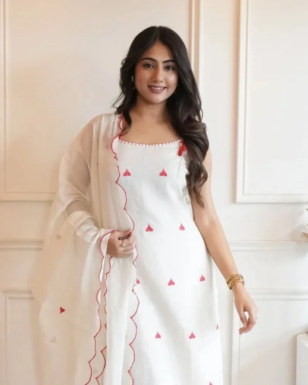 Red Floral With White Kurti Pant Dupatta Set