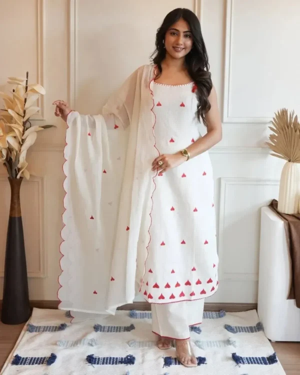 Red Floral With White Kurti Pant Dupatta Set