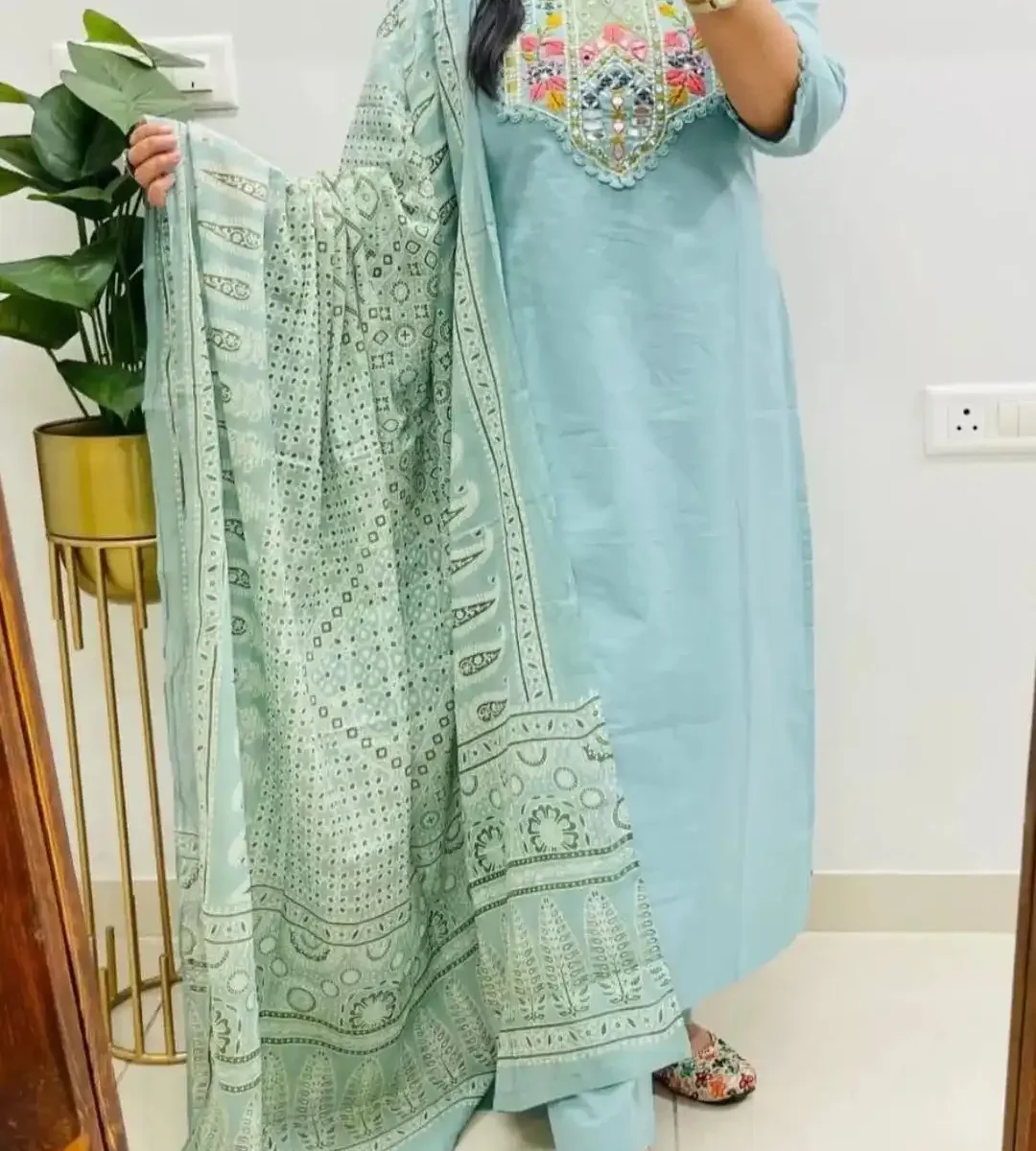 Sky Blue Cotton Kurti Pant Dupatta Set