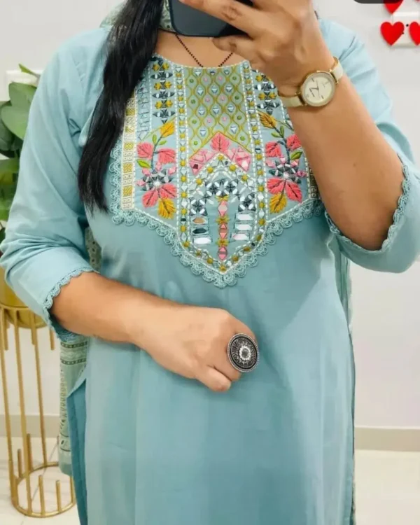 Sky Blue Cotton Kurti Pant Dupatta Set