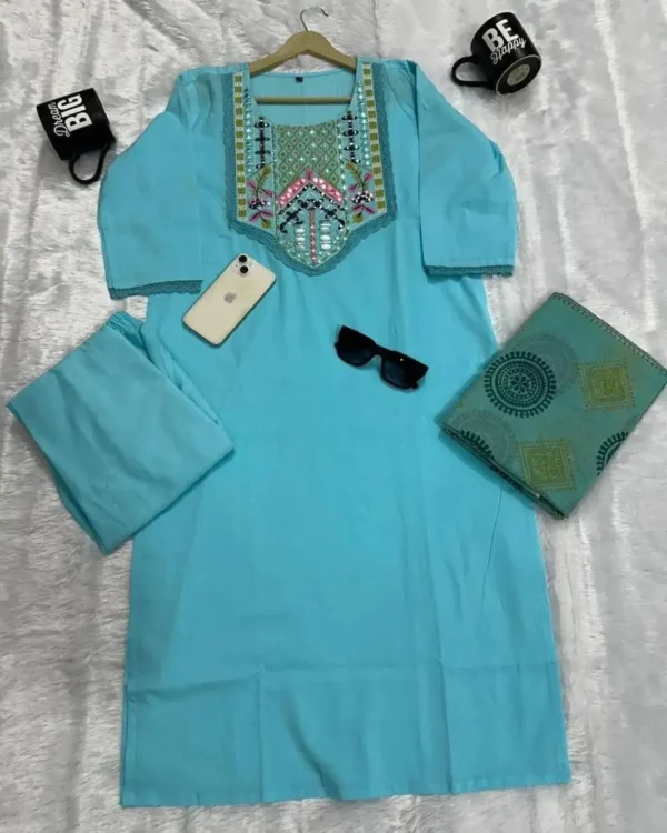 Sky Blue Cotton Kurti Pant Dupatta Set