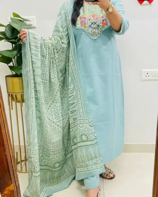 Sky Blue Cotton Kurti Pant Dupatta Set