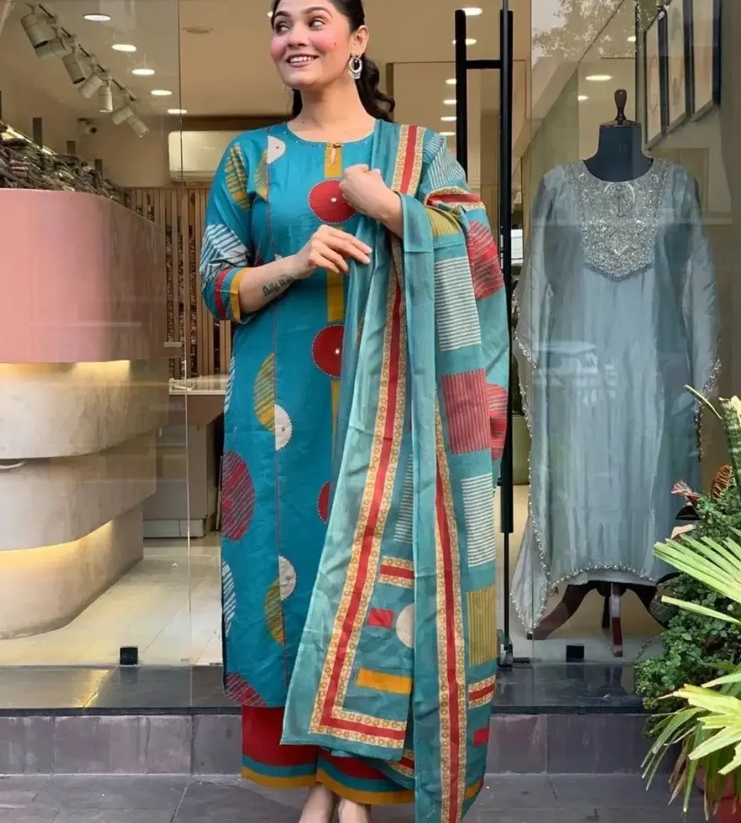 Sky Blue Cotton Kurti Pant Dupatta Set​