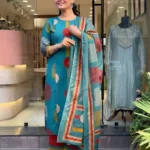 Sky Blue Cotton Kurti Pant Dupatta Set​