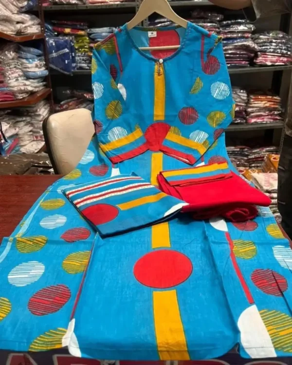 Sky Blue Cotton Kurti Pant Dupatta Set​ (2)