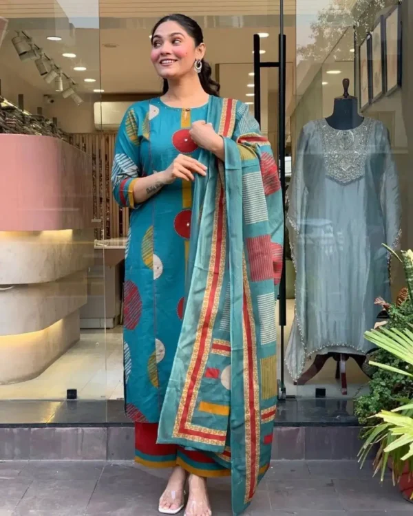 Sky Blue Cotton Kurti Pant Dupatta Set​